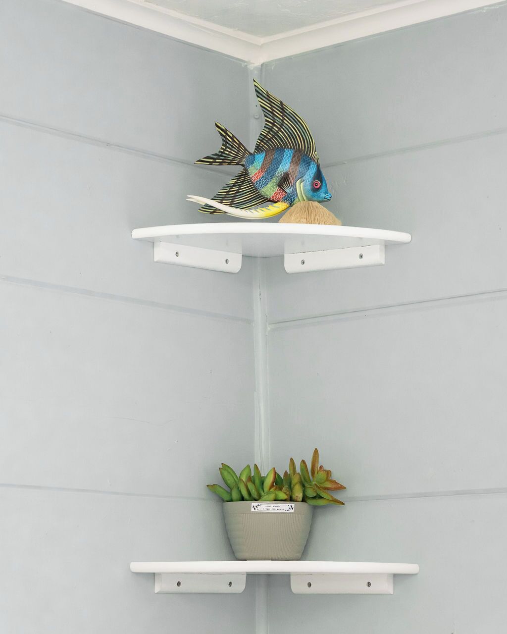 Una scaffalatura angolare con un pesce decorativo e una succulenta in vaso.