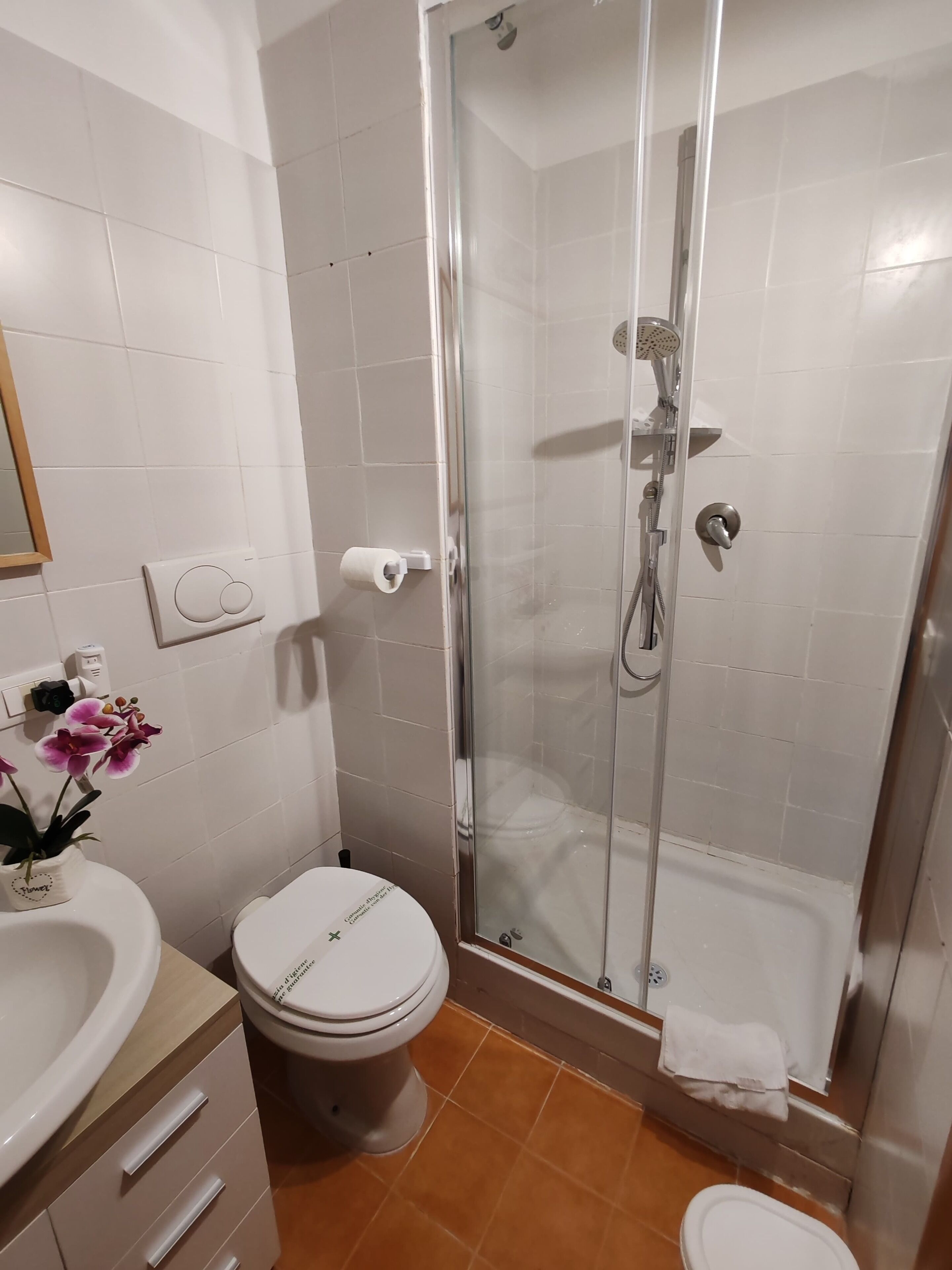 Un baño con ducha de vidrio, inodoro y lavamanos.
