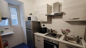 Ett kompakt kök med ett kylskåp i rostfritt stål, en mikrovågsugn, en spis och en diskho. Det finns ett fönster med persienner, en liten hylla med en växt och en brandsläckare på golvet.
