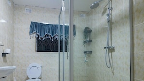 Un baño con ducha envuelta en vidrio, inodoro y lavamanos.