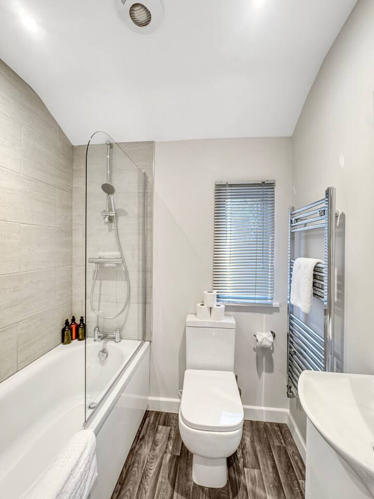 Hair dryer, towels, soap, shampoo