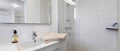 Shower, hair dryer, towels