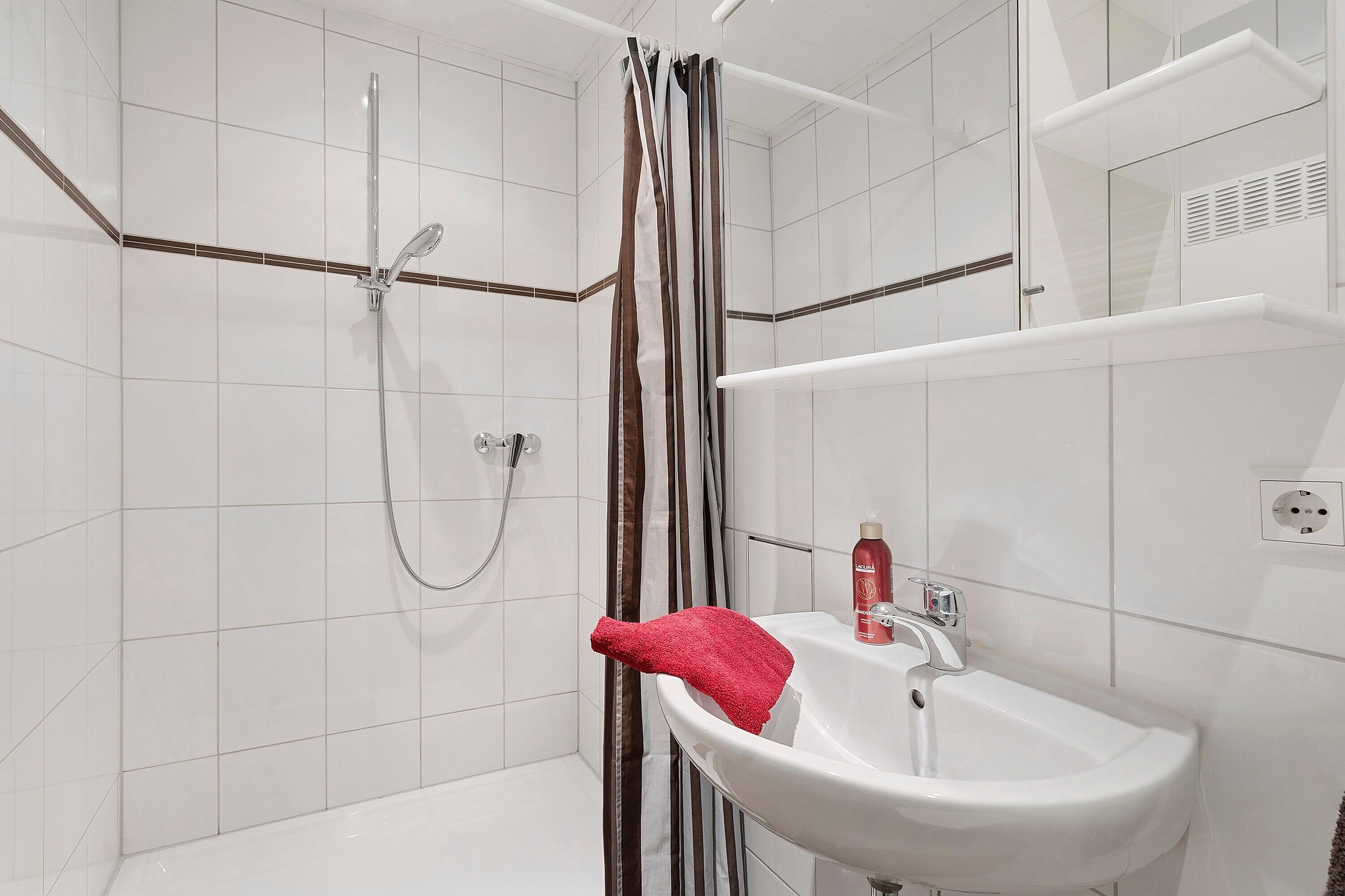 Un baño con ducha, lavabo y espejo.