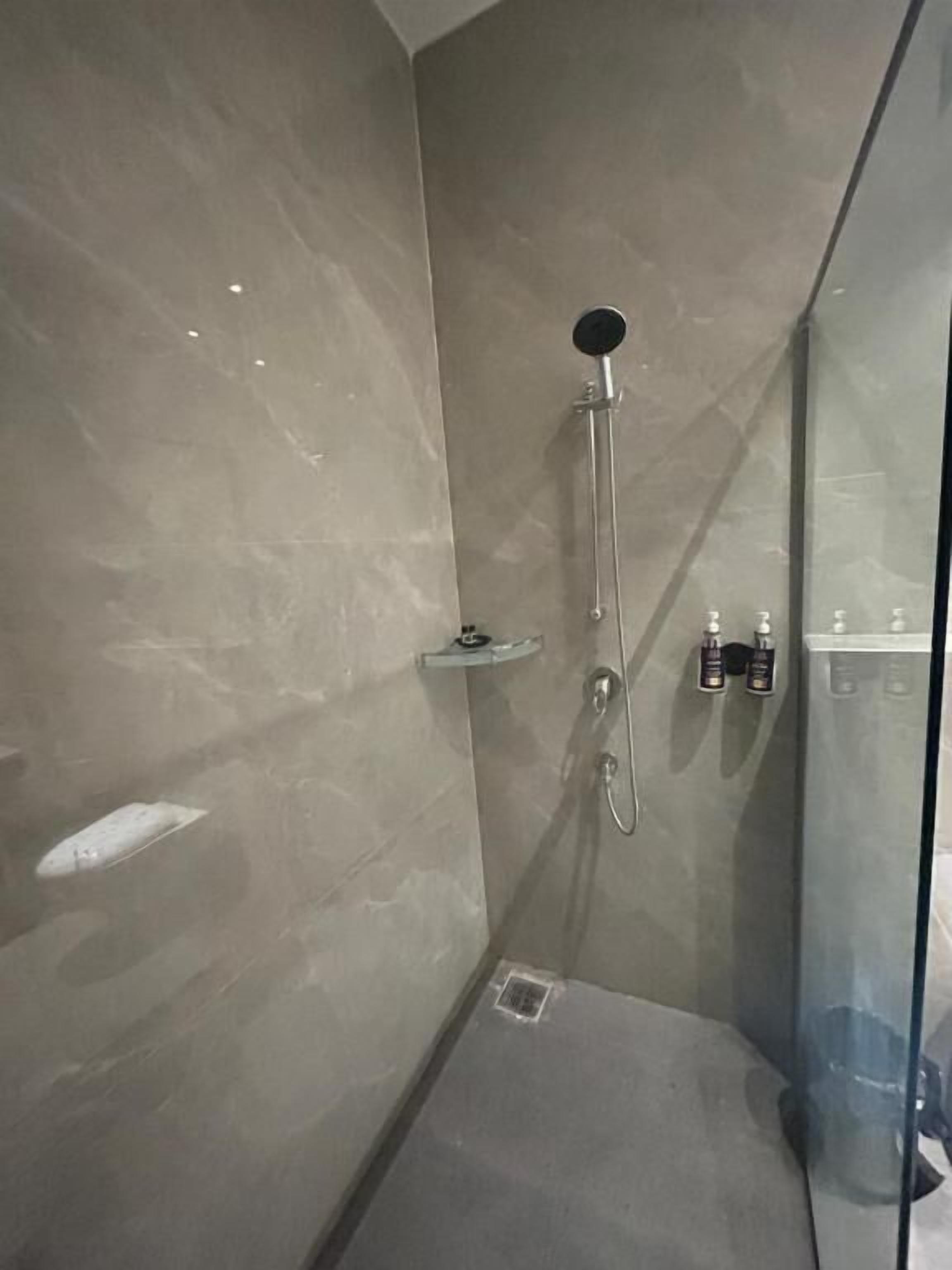 Combined shower/bathtub, towels, soap, shampoo