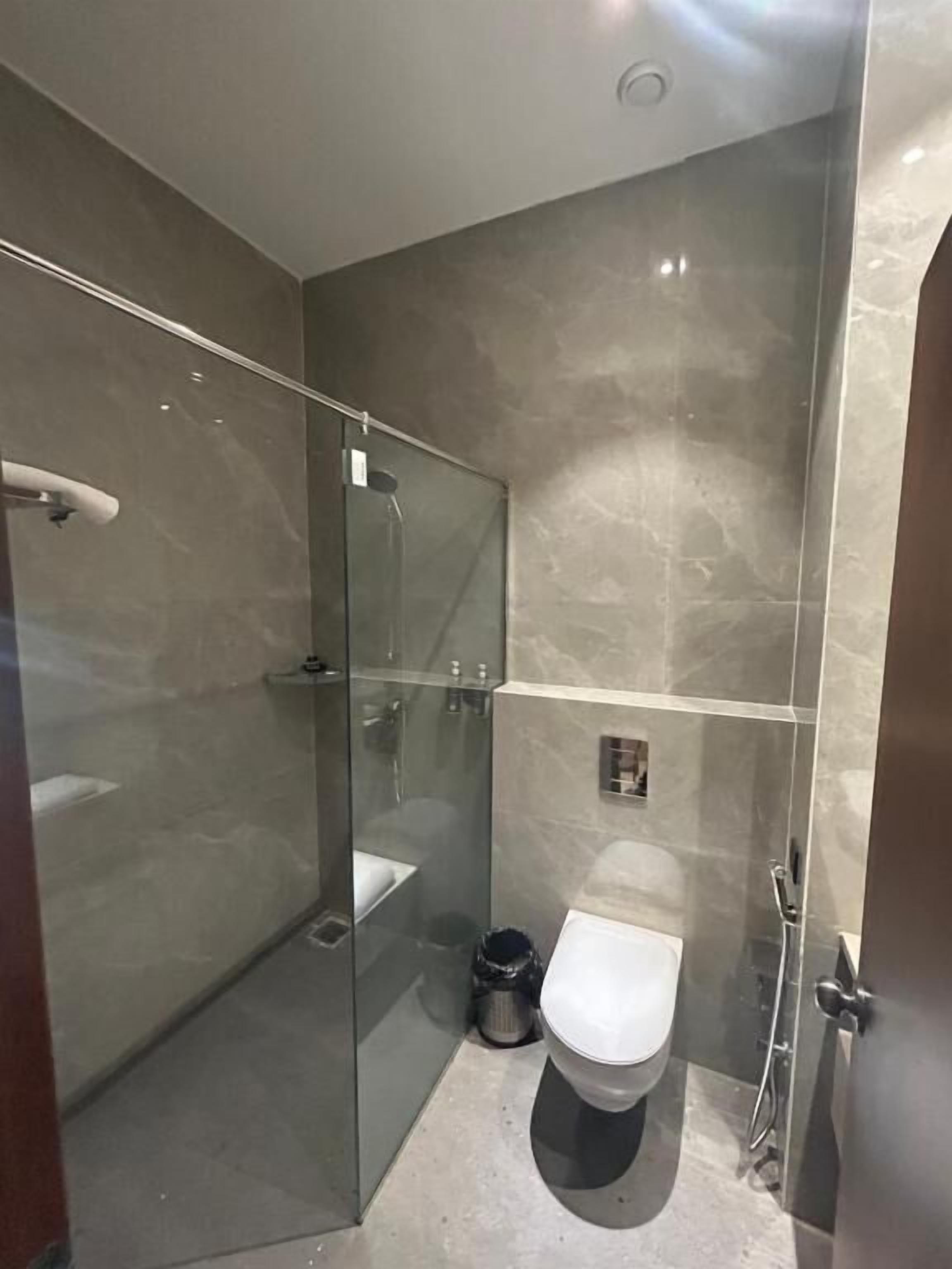 Combined shower/tub, towels, soap, shampoo