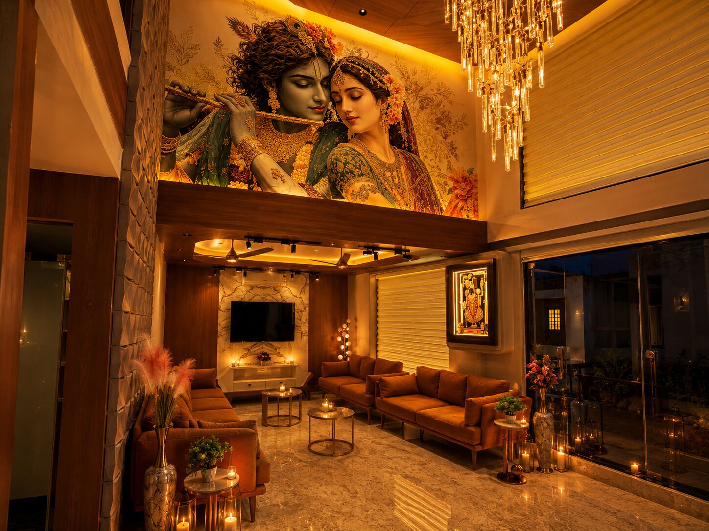 A modern living room with a large mural, comfortable seating, a fireplace, and a large window.