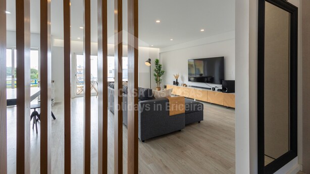 Ein modernes Wohnzimmer mit einem grauen Sofa, einem Fernseher und einem Holzschrank.