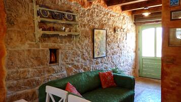 Smart TV, fireplace, books