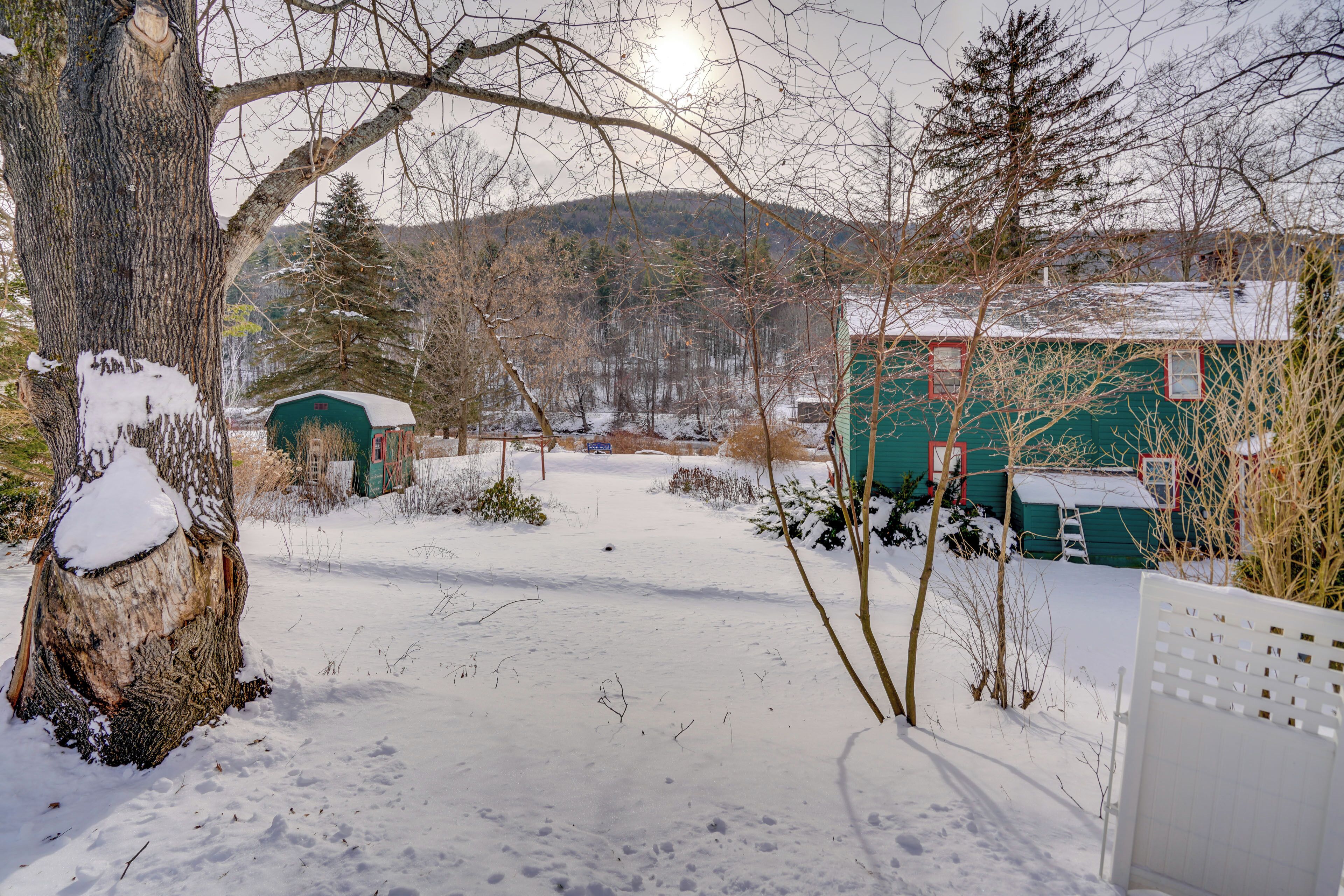 A snow-covered landscape with a green building, a wooden structure, and a tree with snow on its trunk.