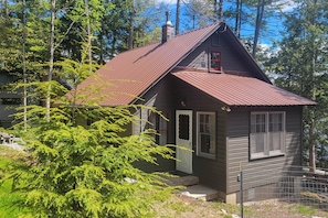 A small cabin with a metal roof, a chimney, and a door with a window above it. - Private Dock & Beach! Lakefront, Fire Pit, Boats (Chestertown)