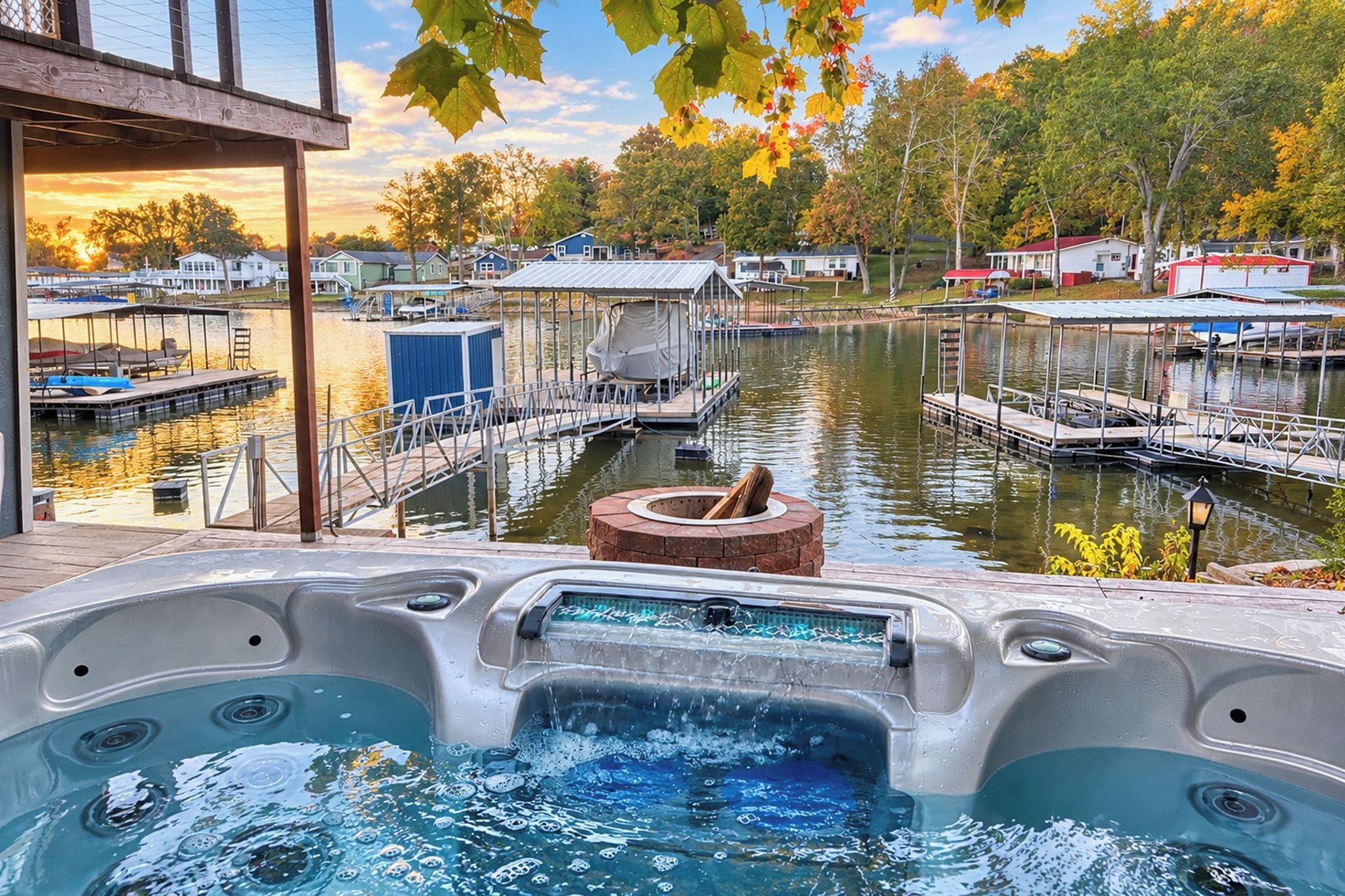 A hot tub with a view of a marina and docked boats.