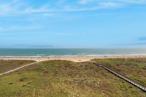 Eine Küstenlandschaft mit Strand, Grünflächen und einer Holzpromenade.