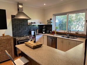 A modern kitchen with a gas stove, stainless steel sink, and a window providing a view of trees. - The Ducks Nest (Shoalwater)