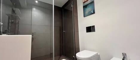 A modern bathroom with a glass-enclosed shower, a white toilet, and a sink.