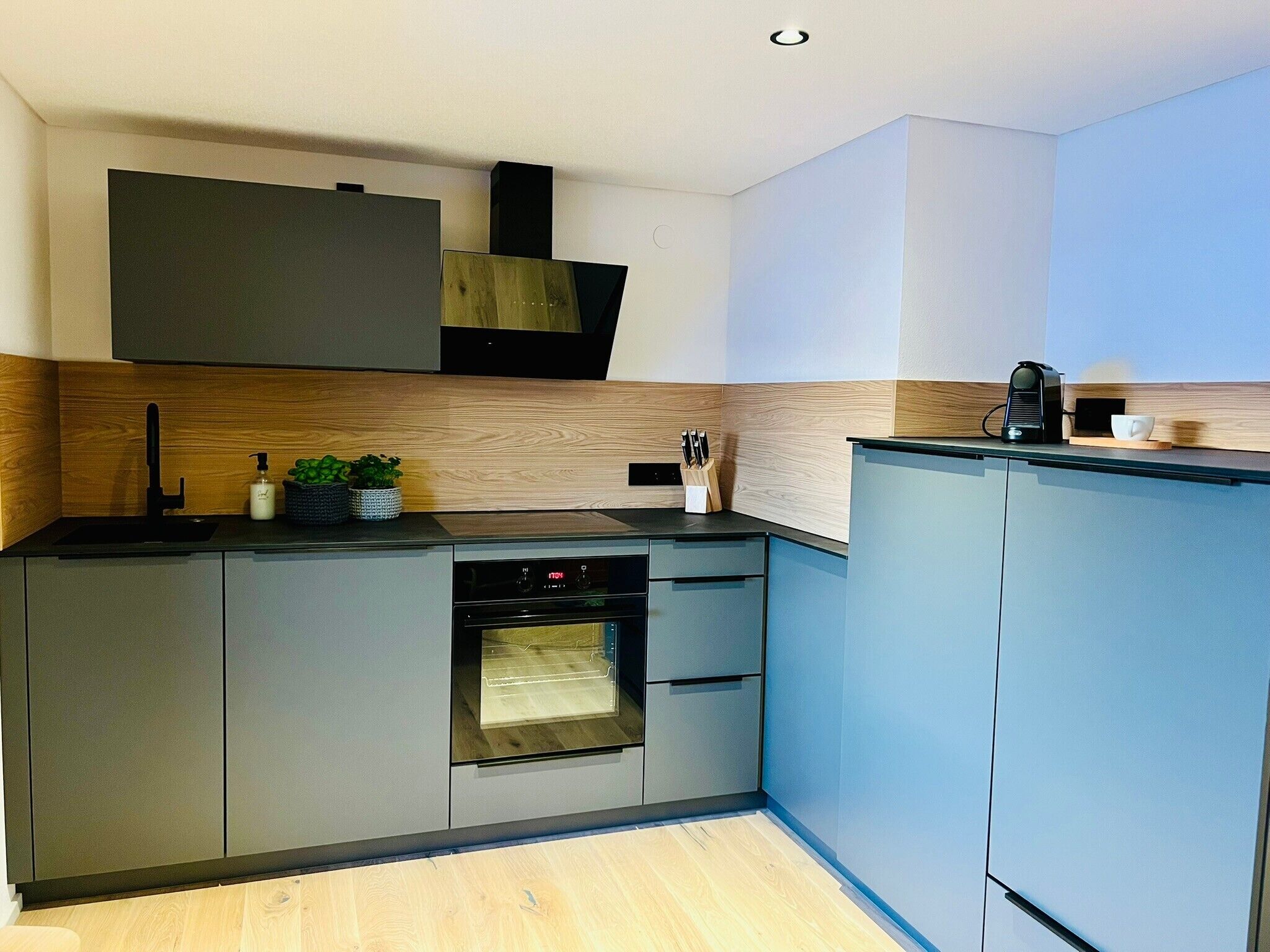 Een koelkast, een oven, een kookplaat, een vaatwasser