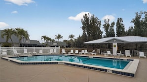 Piscina retangular com deck branco e espreguiçadeiras, rodeada por palmeiras e uma área coberta com telhado branco.