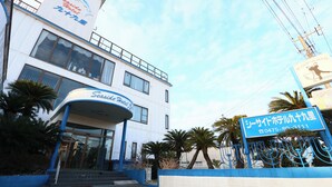 A hotel with a blue and white facade, a visible entrance, and palm trees in the foreground. - Seaside Hotel Kujukuri (Sanmu)