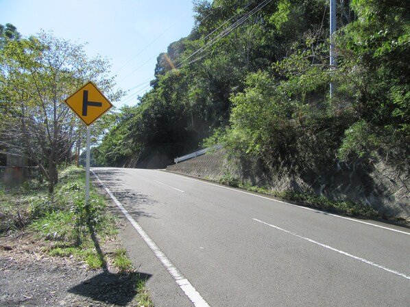 Uma estrada com placa de aviso de curva à esquerda, rodeada por vegetação e um declive rochoso.