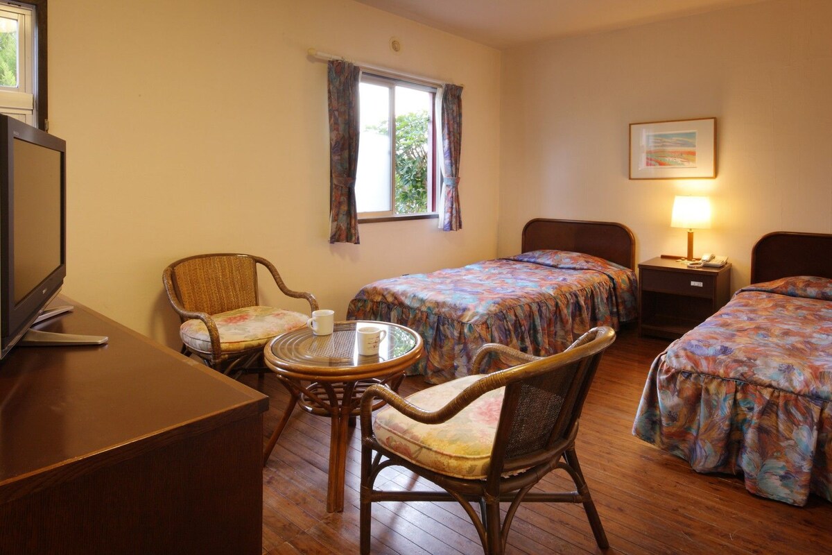 Una habitación de hotel con dos camas individuales, televisión, una mesa con sillas y una ventana con cortinas.