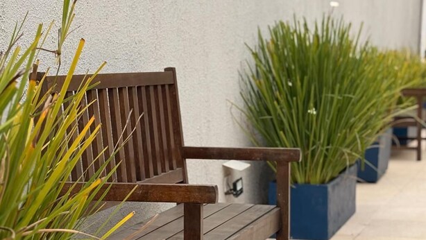 Een houten bank tegen een muur, met potplanten.