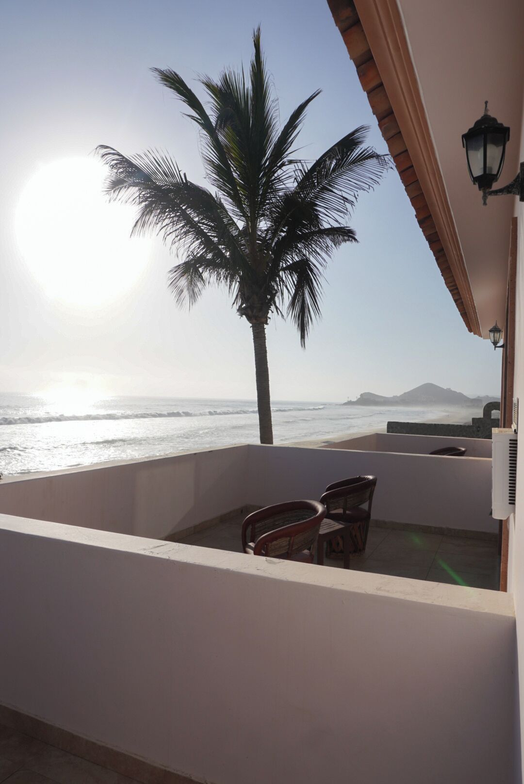 Un balcone con vista sull'oceano e una palma.