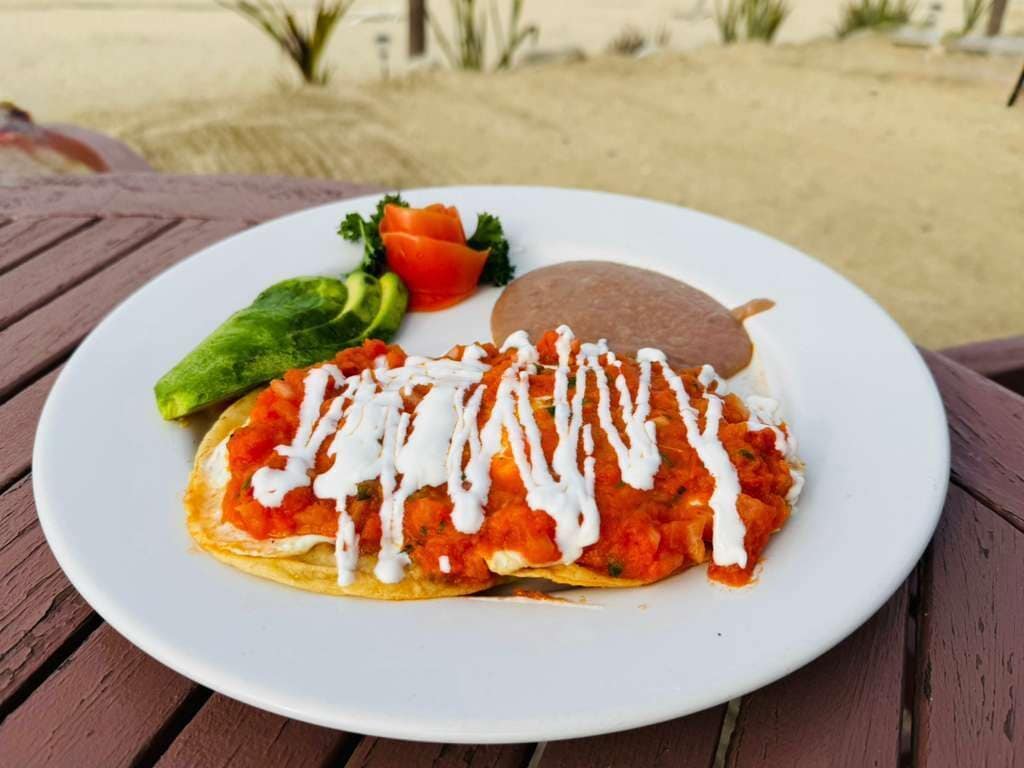 Ein Teller mit einem Gericht, Gemüse und einer Tortilla auf einem Holztisch.