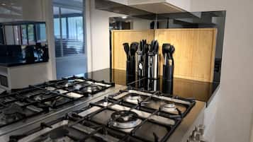 A modern kitchen with a gas stove, wooden cabinets, and a view of the outdoors.