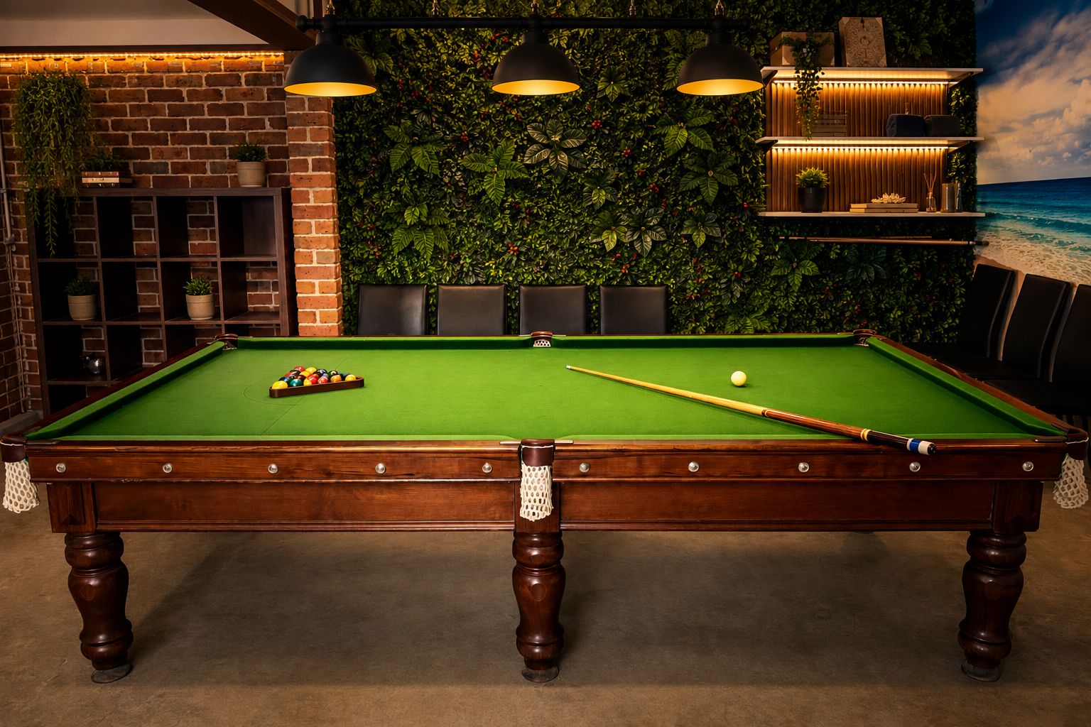 A pool table with balls, surrounded by a brick wall and a green leafy wall.