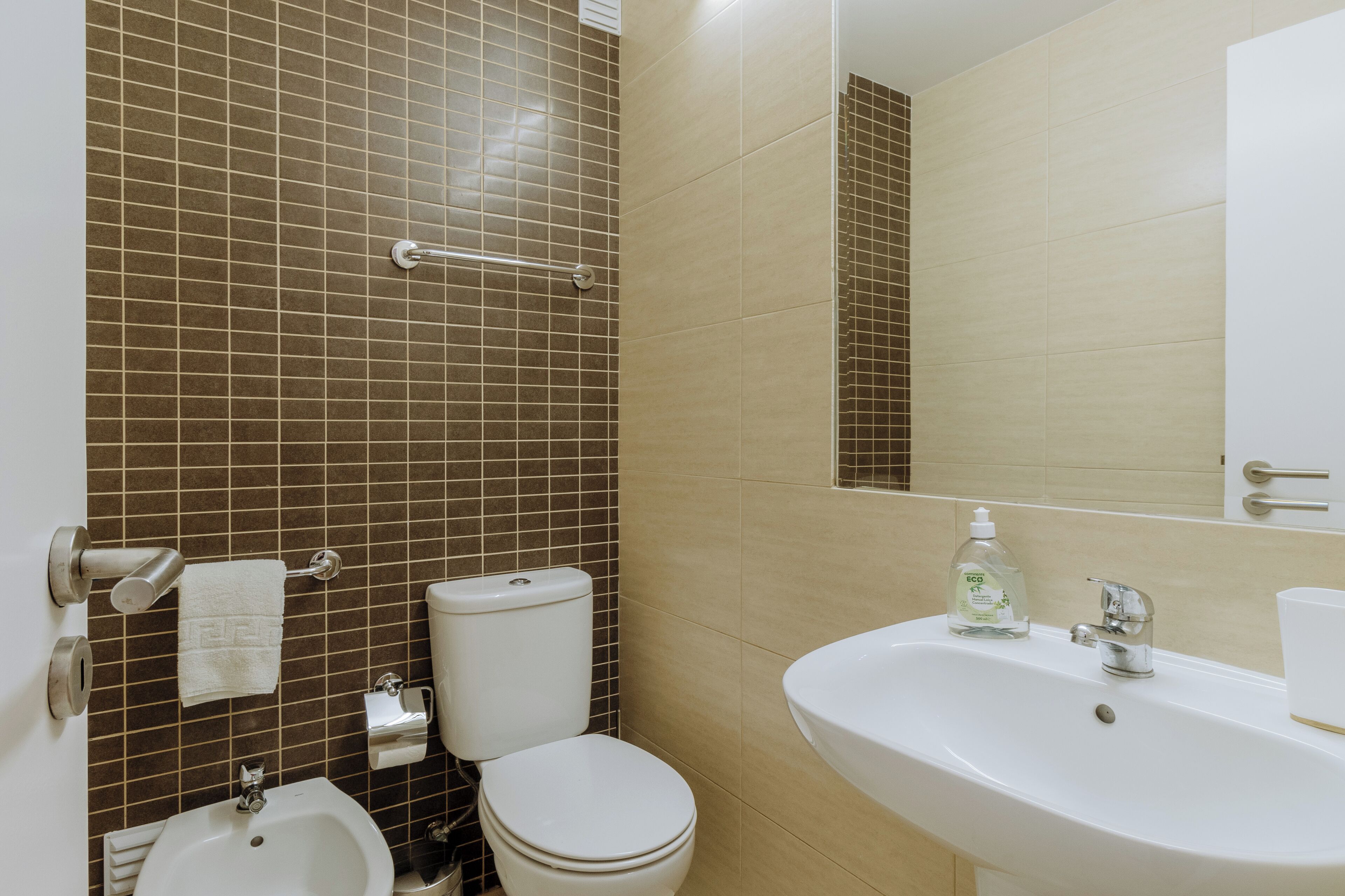 Hair dryer, towels, soap, toilet paper