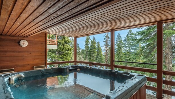 Un jacuzzi en una cabaña de madera con vista a los árboles.