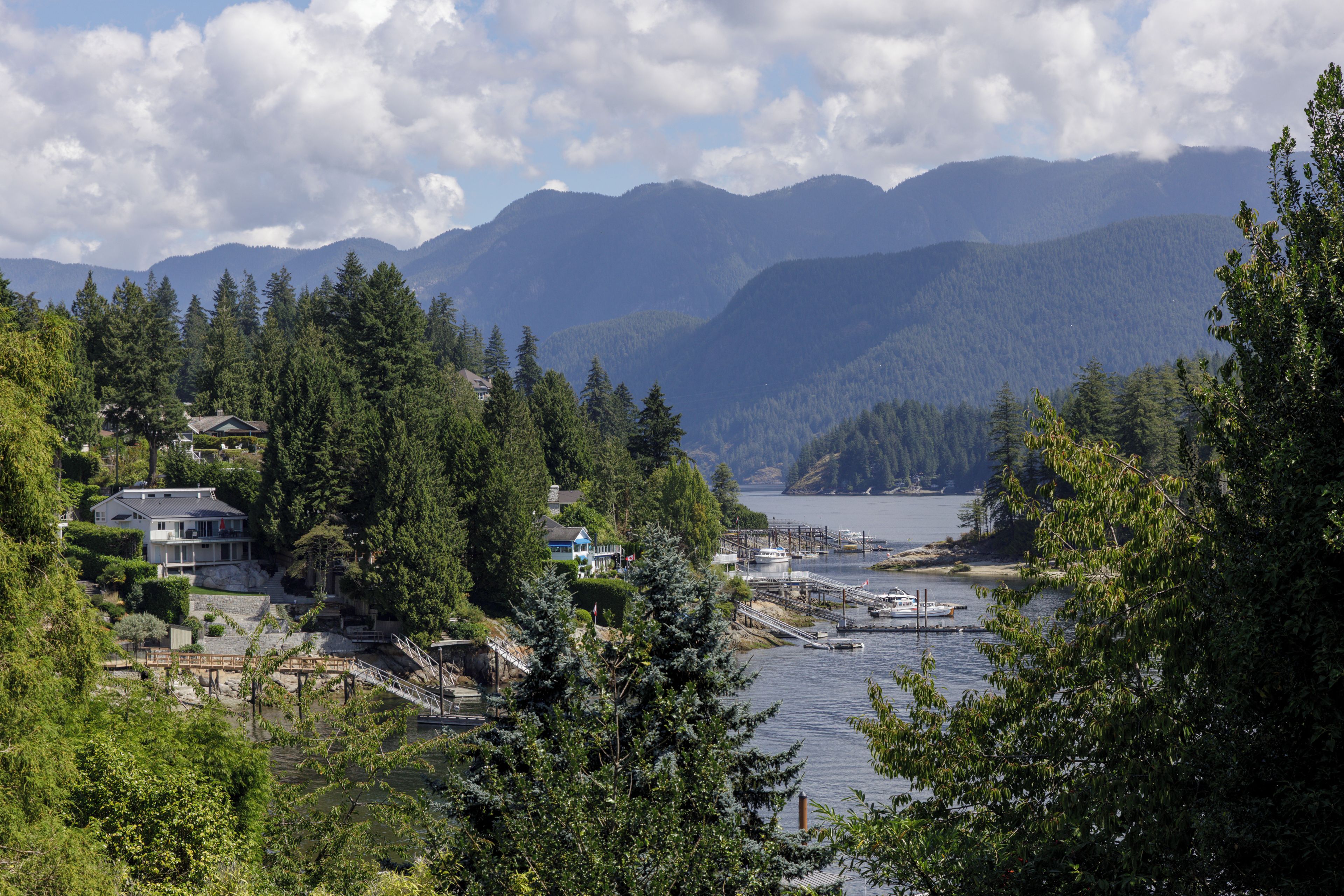 A coastal area with a dock, boats, and a mountain backdrop.