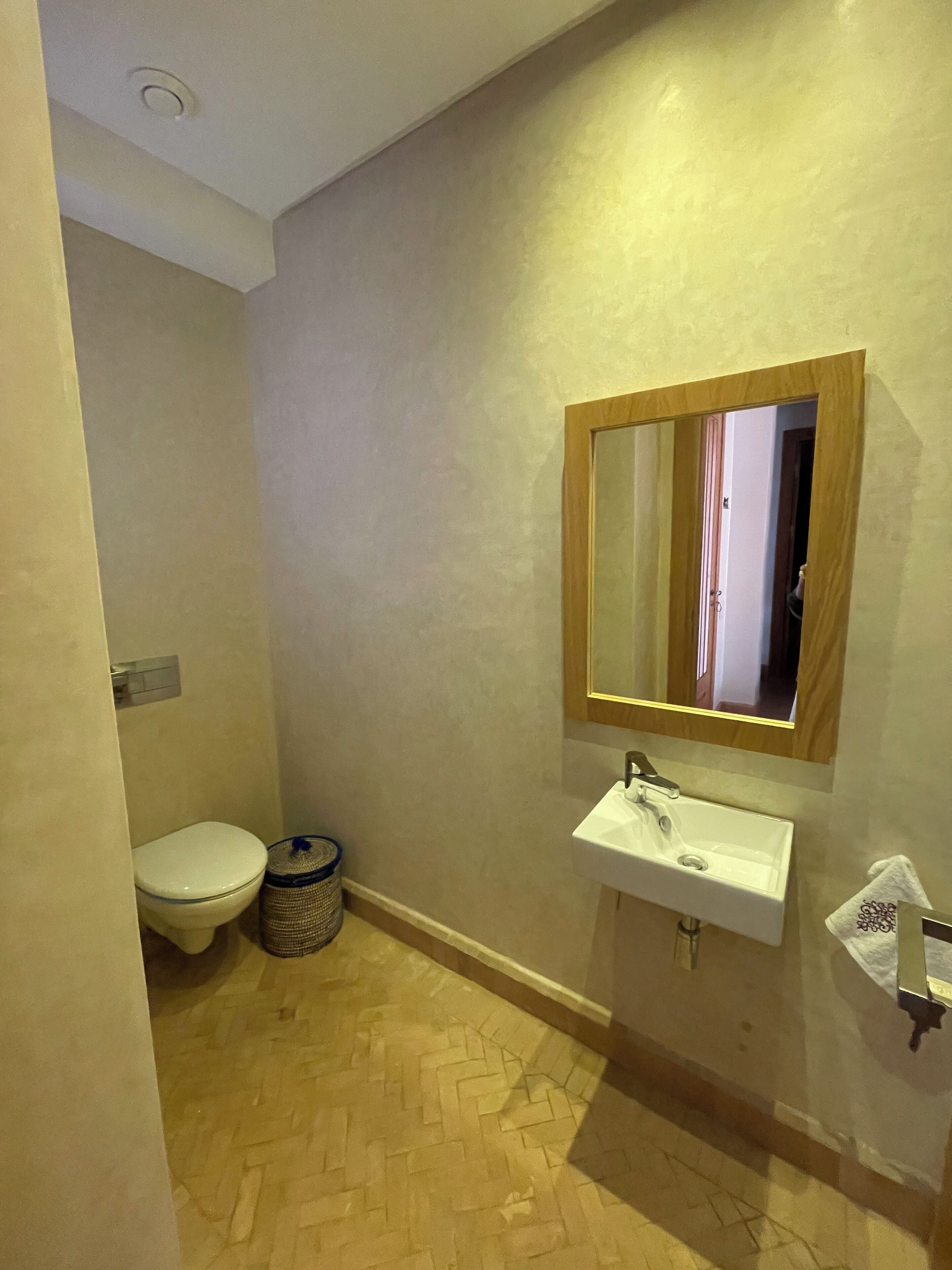 A bathroom with a toilet, a sink, and a mirror.