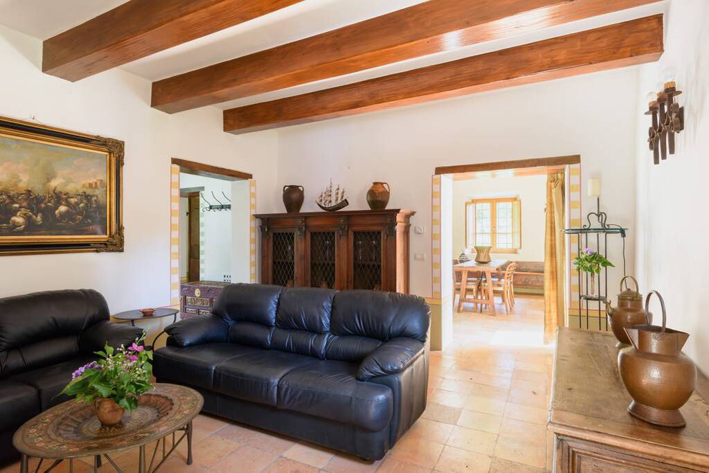 A living room with a black leather sofa, a coffee table with a plant, and a wooden cabinet with decorative items.