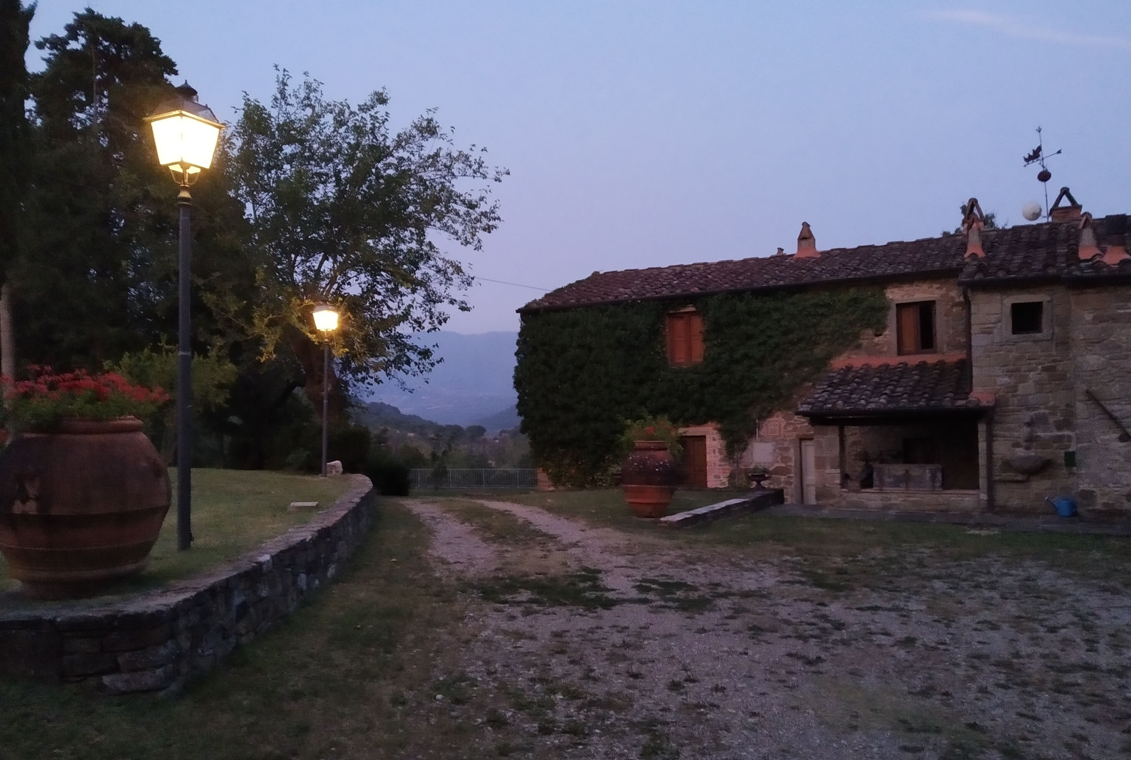 A rustic stone building with a tiled roof, a paved path, and a large planter with flowers.