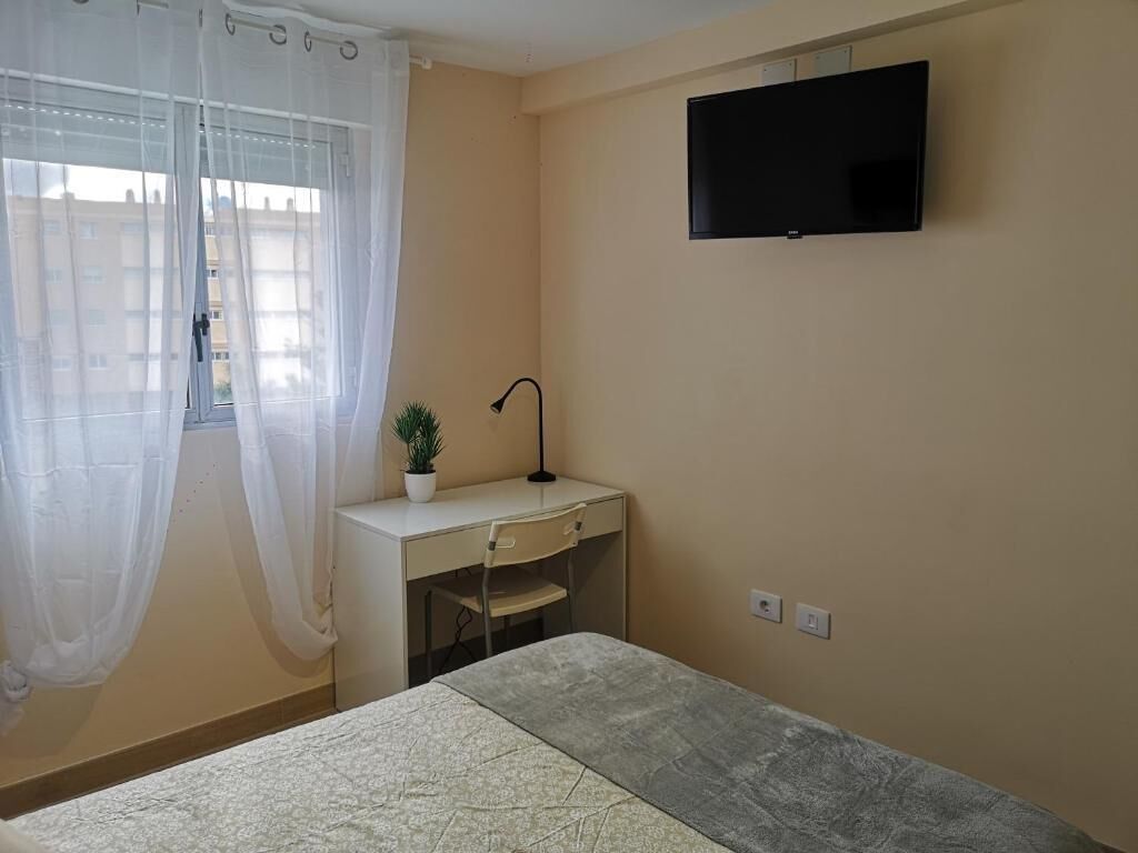 A bedroom with a bed, a desk with a chair, a potted plant, a TV mounted on the wall, and a window with sheer curtains.
