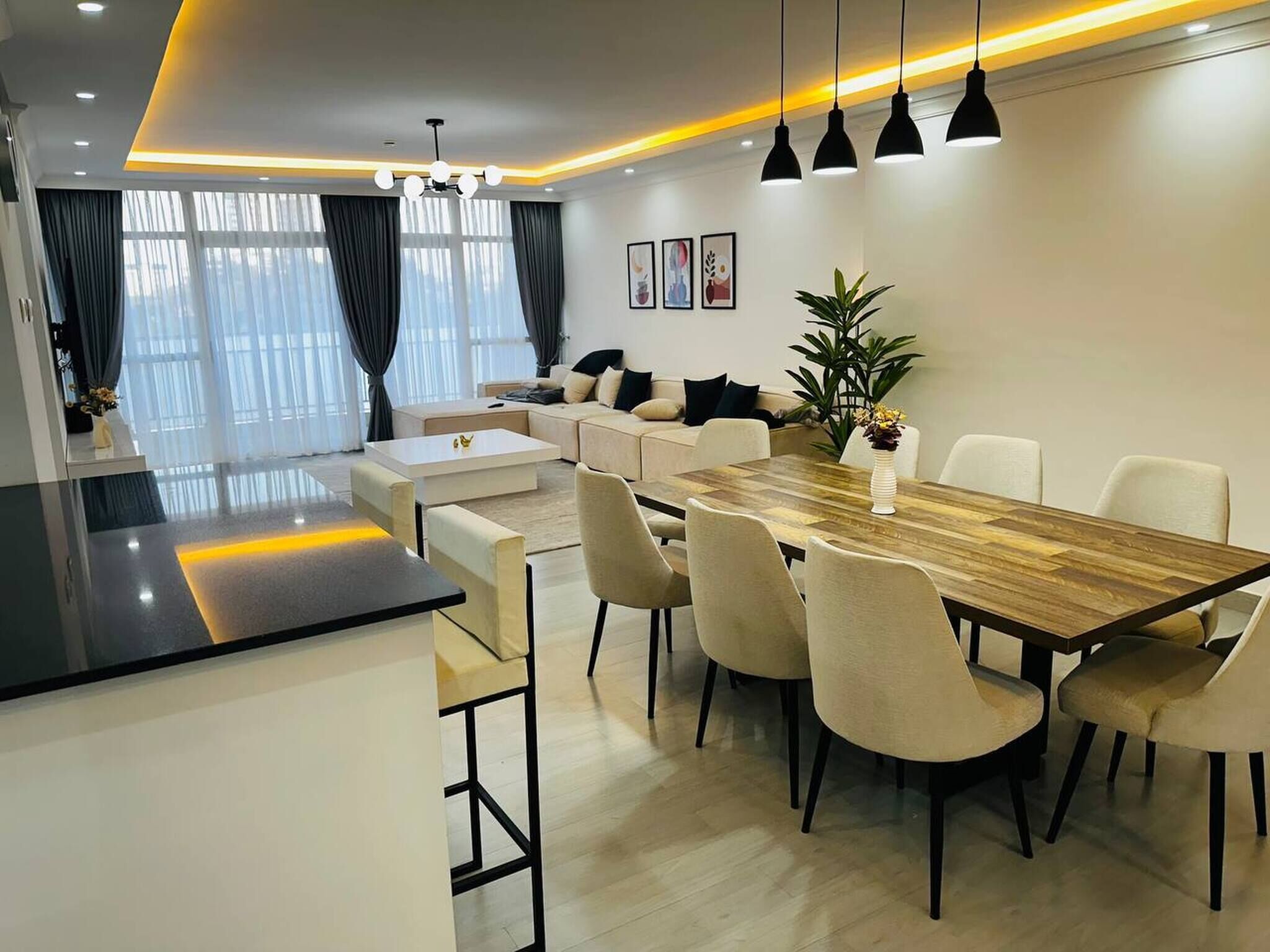 Un comedor moderno con una mesa y sillas de madera, un sofá y una planta en maceta.