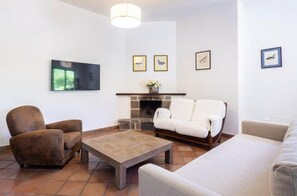 A living room with a fireplace, a flat-screen TV, and framed artwork on the wall. - Clivia- 03 bedroom villa with private terrace (Massa Lubrense)