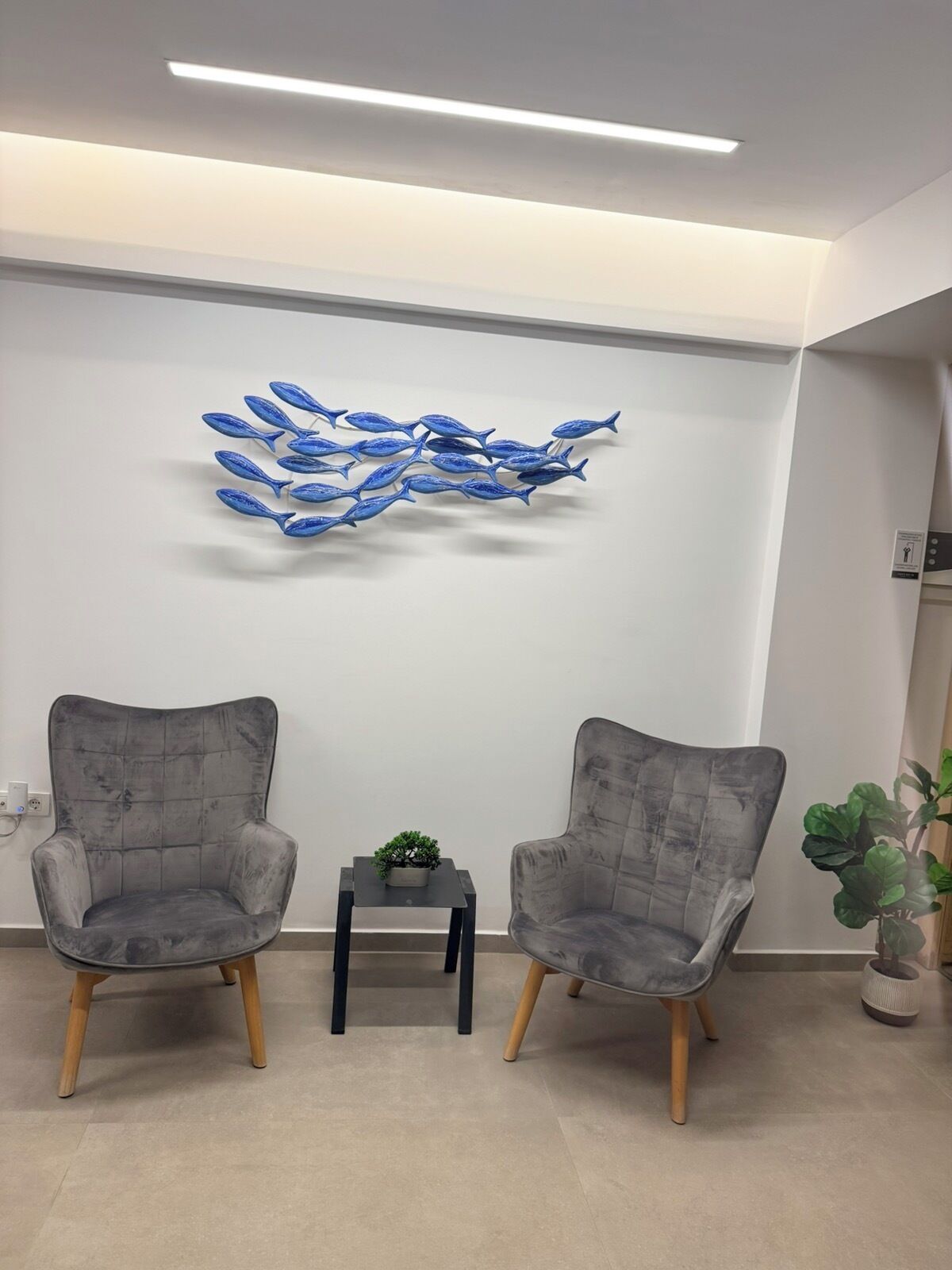 A modern waiting area with two grey armchairs, a small table with a plant, and a wall-mounted artwork of blue fish.