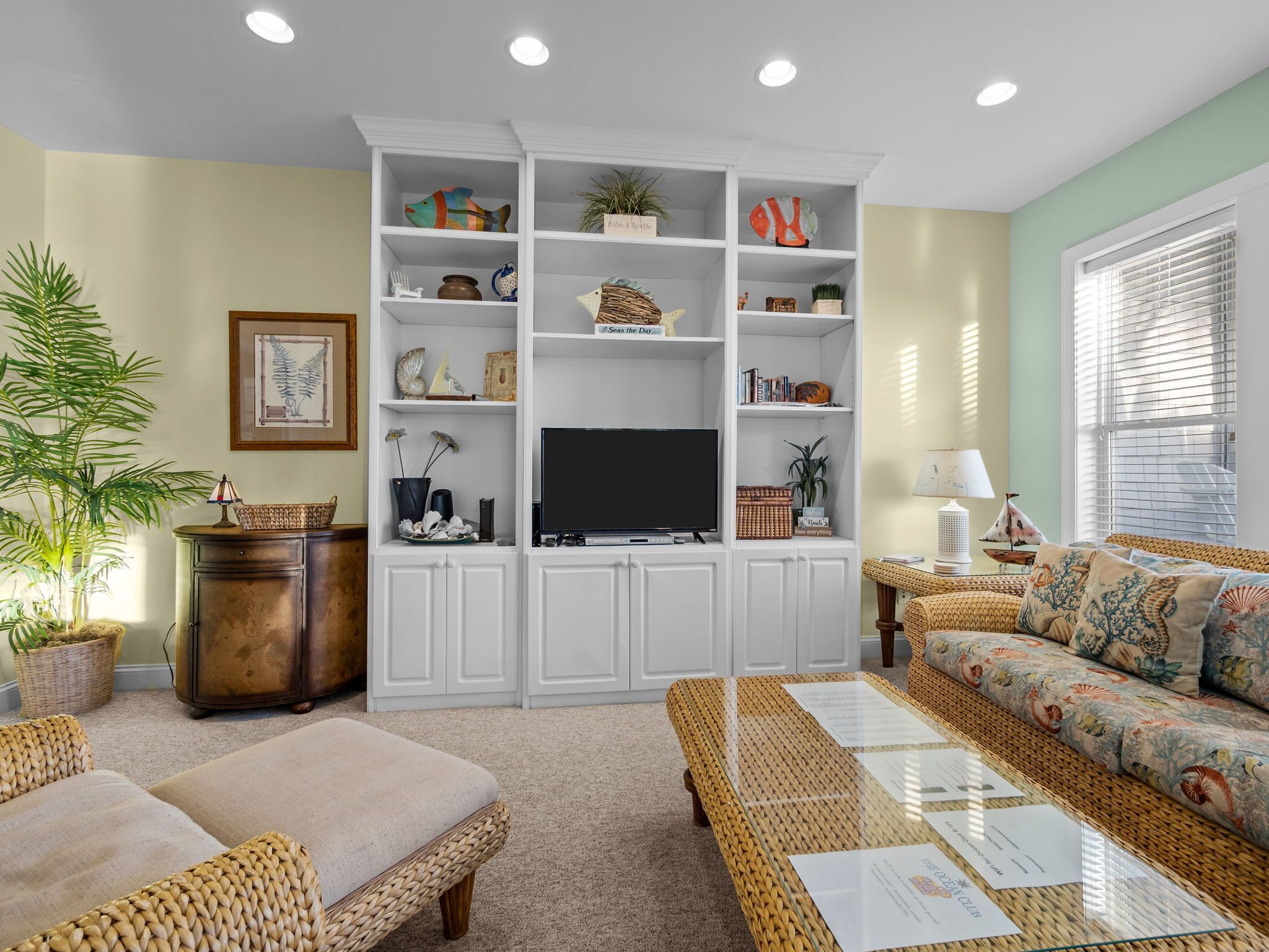 A living room with a TV on a white entertainment unit, wicker furniture, and a large plant.