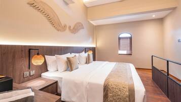 A modern bedroom with a large bed, wooden headboard, and a unique wall decoration.