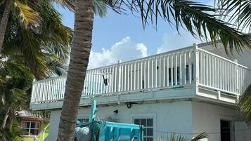 A two-story building with a balcony, a green gate, and a palm tree.