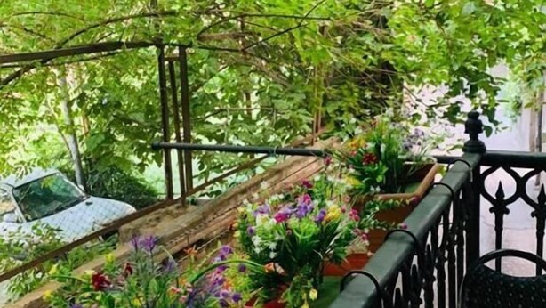A balcony with a metal railing, potted plants, and a chair. - City Guli Hostel (Tbilisi)