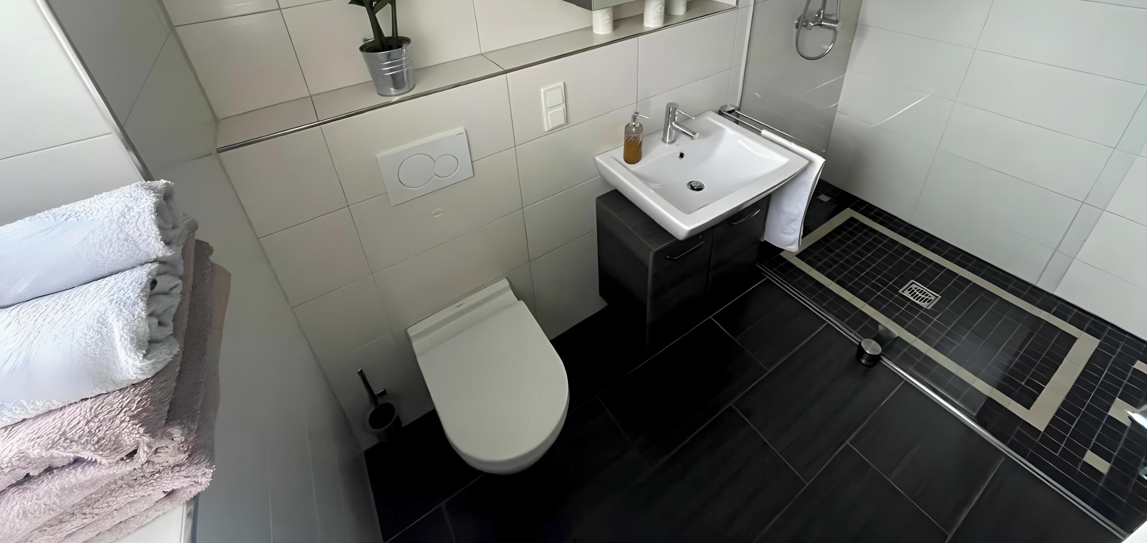 Ein Badezimmer mit Toilette, Waschbecken mit Seifenspender, Handtuchhalter und Duschbereich.