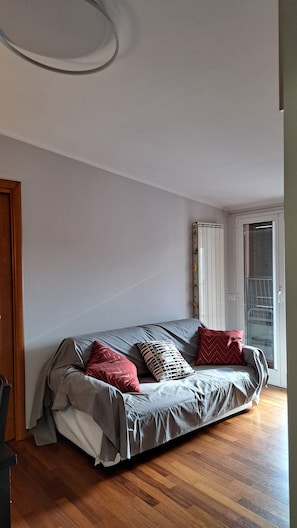 Ein modernes Wohnzimmer mit einem grauen Sofa, roten und gemusterten Kissen, Holzboden und einem großen Fenster mit Jalousien.