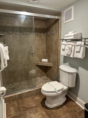 Ein Badezimmer mit einer Glasdusche, einer Toilette und einem Handtuchhalter mit gefalteten Handtüchern.