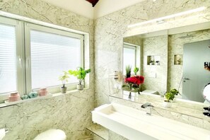 Shower, hair dryer, bidet, soap - Vacation apartment Flamingo (Teltow)
