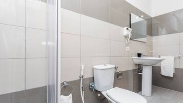 Shower, hair dryer, towels