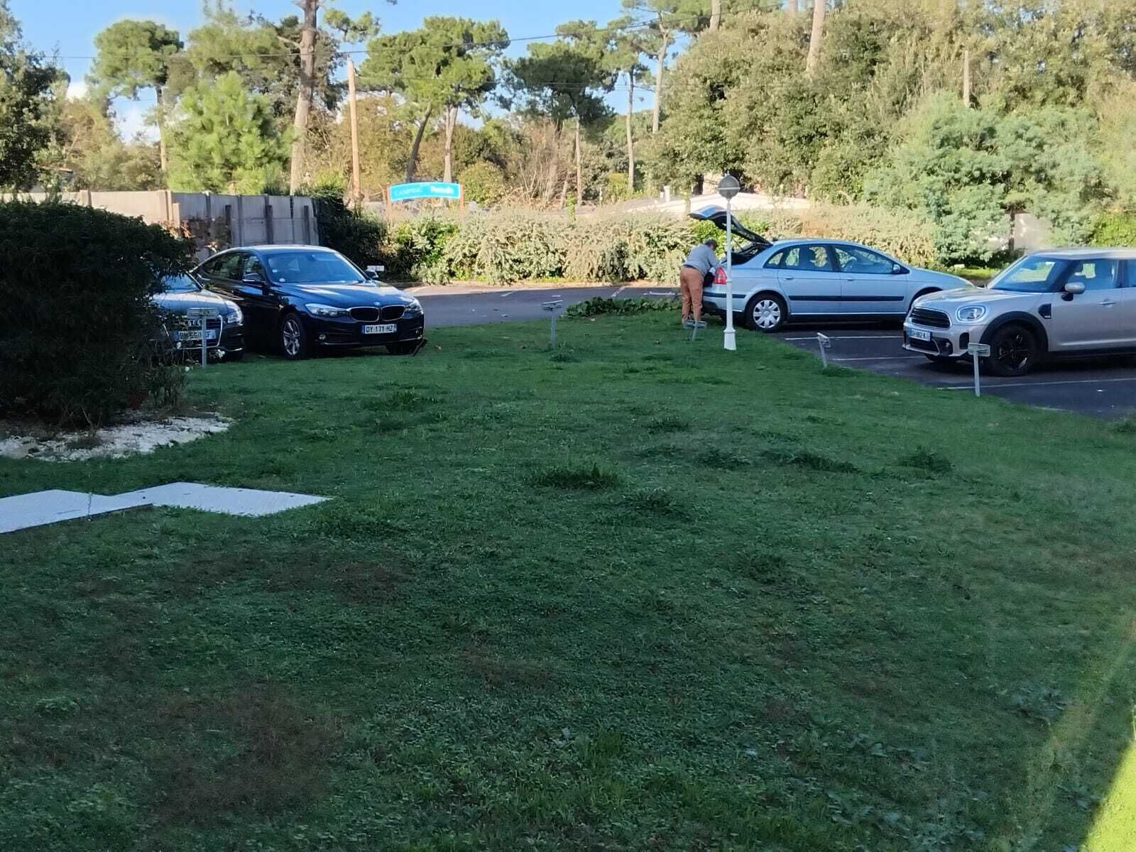 Ein Rasenbereich mit geparkten Autos und einer Person in der Nähe eines Wegweisers.