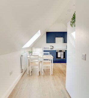 A modern kitchen with blue cabinets, a white countertop, and a skylight. - Apt 3 Armatage Flats, Eyemouth (Eyemouth)