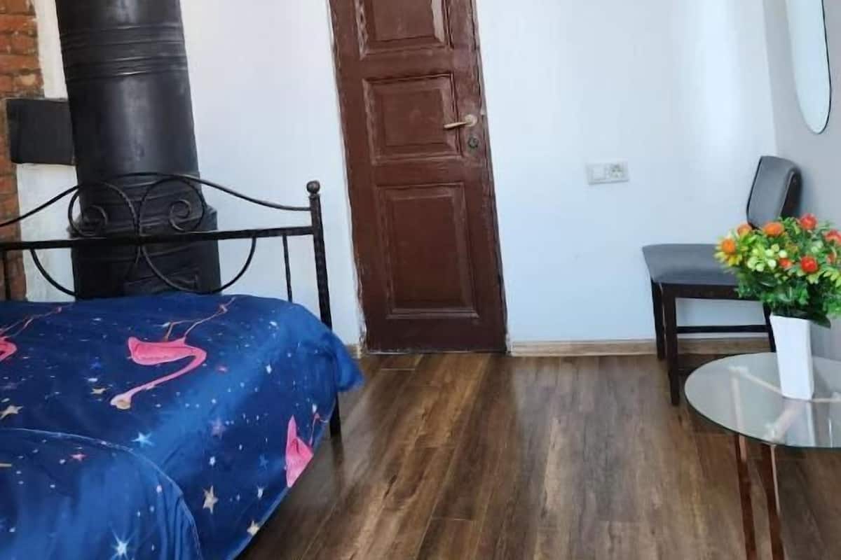 A room with a bed, a chair, a small table, a potted plant, and a door.